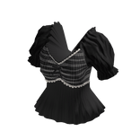 Plaid Peplum Top with Puff Sleeves (Black)