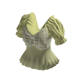 Plaid Peplum Top with Puff Sleeves (Green)