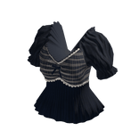 Plaid Peplum Top with Puff Sleeves (Navy)