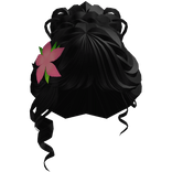 pretty black curly bun with pink clematis flower