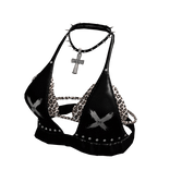 Punk Leopard Studded Halter Top black[MAX]