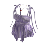 Plaid Peplum Top with Bow Straps (Purple)