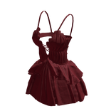 Red Cute Ribbon Strap Ruffle Dress 🫐