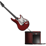 red electric guitar with a red amp