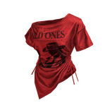 Red Off Shoulder Sinched Graphic Tee