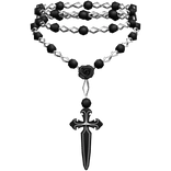 rose & dagger rosary necklace silver black