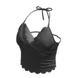Ruched Halter Top with Ruffle Trim (Black)