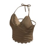 Ruched Halter Top with Ruffle Trim (Brown)