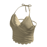 Ruched Halter Top with Ruffle Trim (Khaki)