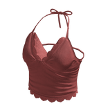 Ruched Halter Top with Ruffle Trim (Red)