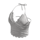 Ruched Halter Top with Ruffle Trim (White)