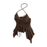 Ruched Ruffle Halter Top ⭐ (Brown)