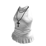 💗RUFFLE HEM HALTER TOP WITH NECKLACE_WHITE