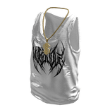 White Print Ripped Tank Top w/ Gold Dollar Chain