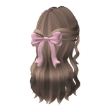 wavy hair half up w pink bow in milktea