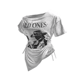 White Off Shoulder Sinched Graphic Tee