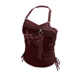 Y2K Checker Strap Graphic Crop Top (Burgundy)