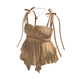 Plaid Peplum Top with Bow Straps (Tan)