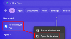 The open file location option over Roblox Player's icon