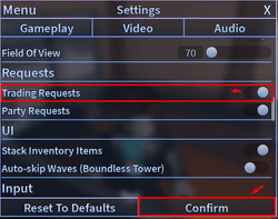 The "Trading Requests" slider and Confirm button in AUT
