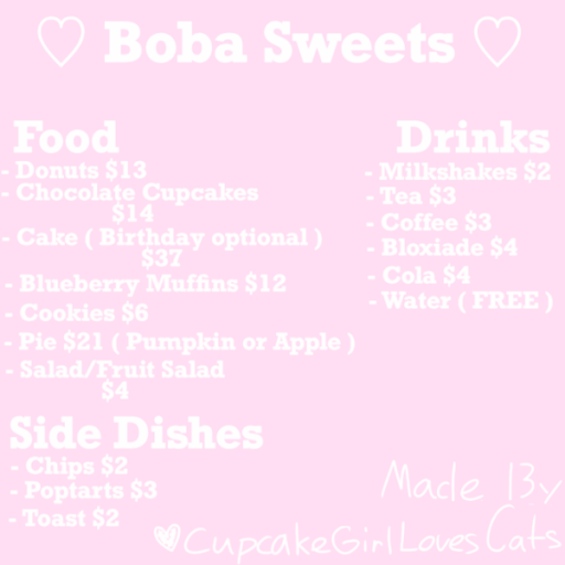 Boba Sweets Menu