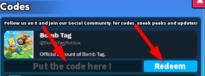 The code redeeming interface in Bomb Tag