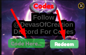 The code redeeming interface in Devas Of Creation