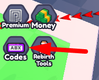The Codes button in Hero Power Tycoon