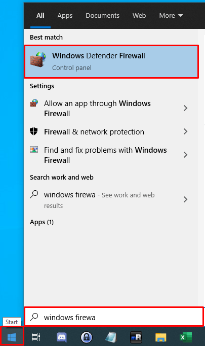 Searching for Windows Firewall in the Start Menu