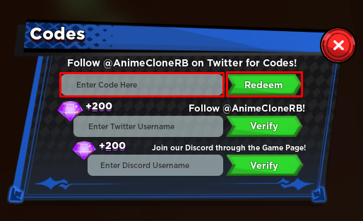 Anime Clone Tycoon enter codes box