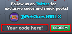 Pet Quest: RPG enter codes box