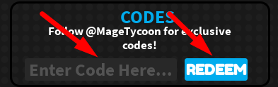 The code redeeming interface in Mage Tycoon