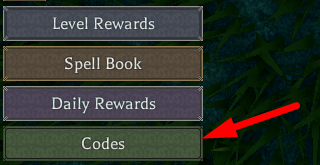 The Codes button in Mystic Magic