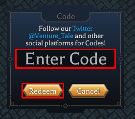 Venture Tale enter codes box