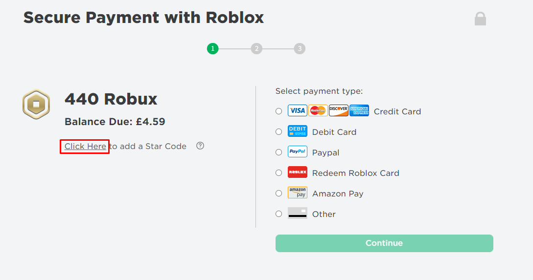 The button to press to add a star code to your Robux purchase