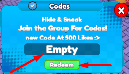 The code redeeming interface in Hide & Sneak