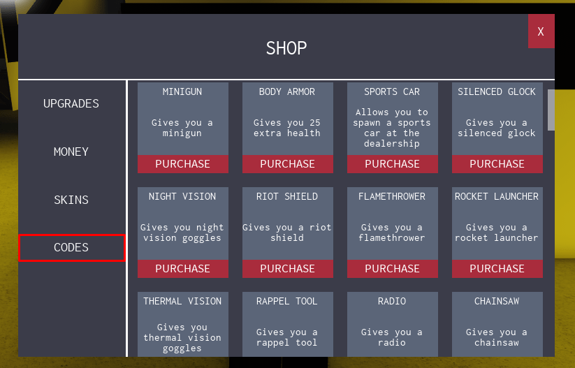 The Purge codes shop button