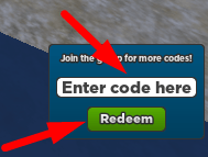 The code redeeming interface in Area 51 Tycoon