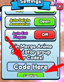 The code redeeming interface in Merge Anime Simulator