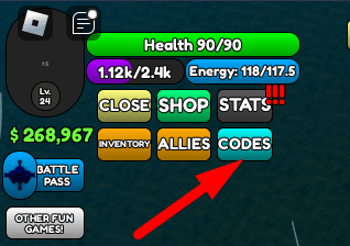 The CODES button in Gate Fruit