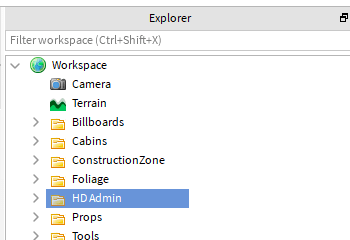 HD Admin inserted into a Roblox game Workspace