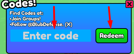 The code redeeming interface in Blub Defense