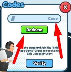 The code redeeming interface in Skibidi Race Simulator