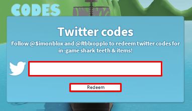 Sharkbite game code claim box and redeem button