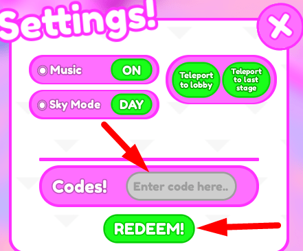 The code redeeming interface in Pink Obby