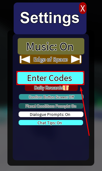 Space Tycoon enter codes button