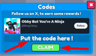 The code redeeming interface in Ninja Obby