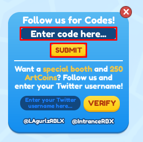 Starving Artists enter codes box