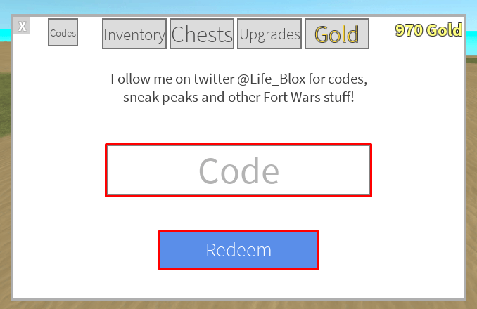 Fort Wars code redeem box