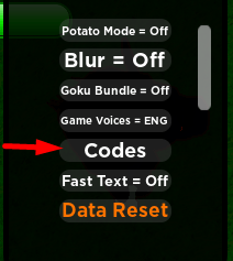 The Codes button in Dragon Ball: Legendary Forces